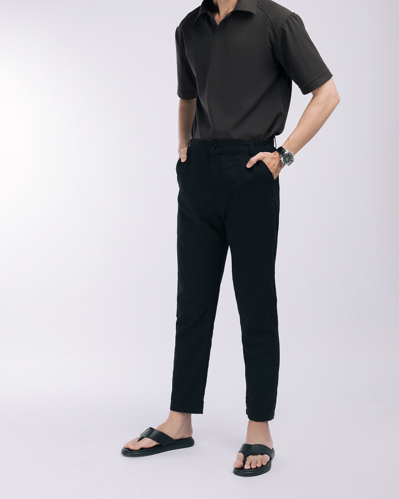 Dép Kẹp Nam Đông Hải Quai Da Phối Chỉ Thanh Lịch-D1818Đen Color1