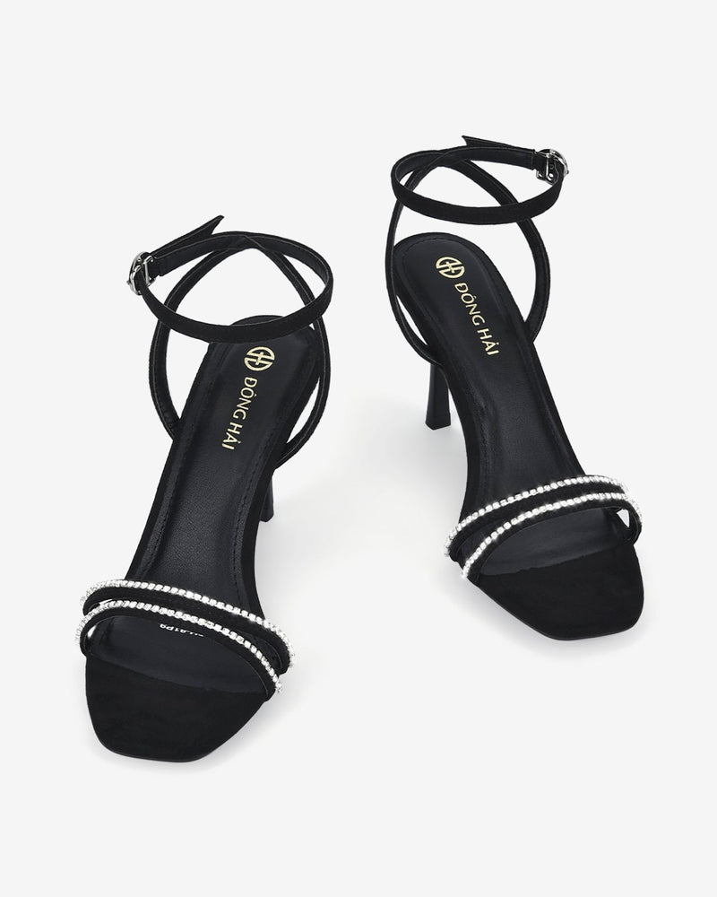 Giày Sandal Cao Gót Đông Hải Quai Đôi Nhung Phối Đá-S81P9-Đen Color1