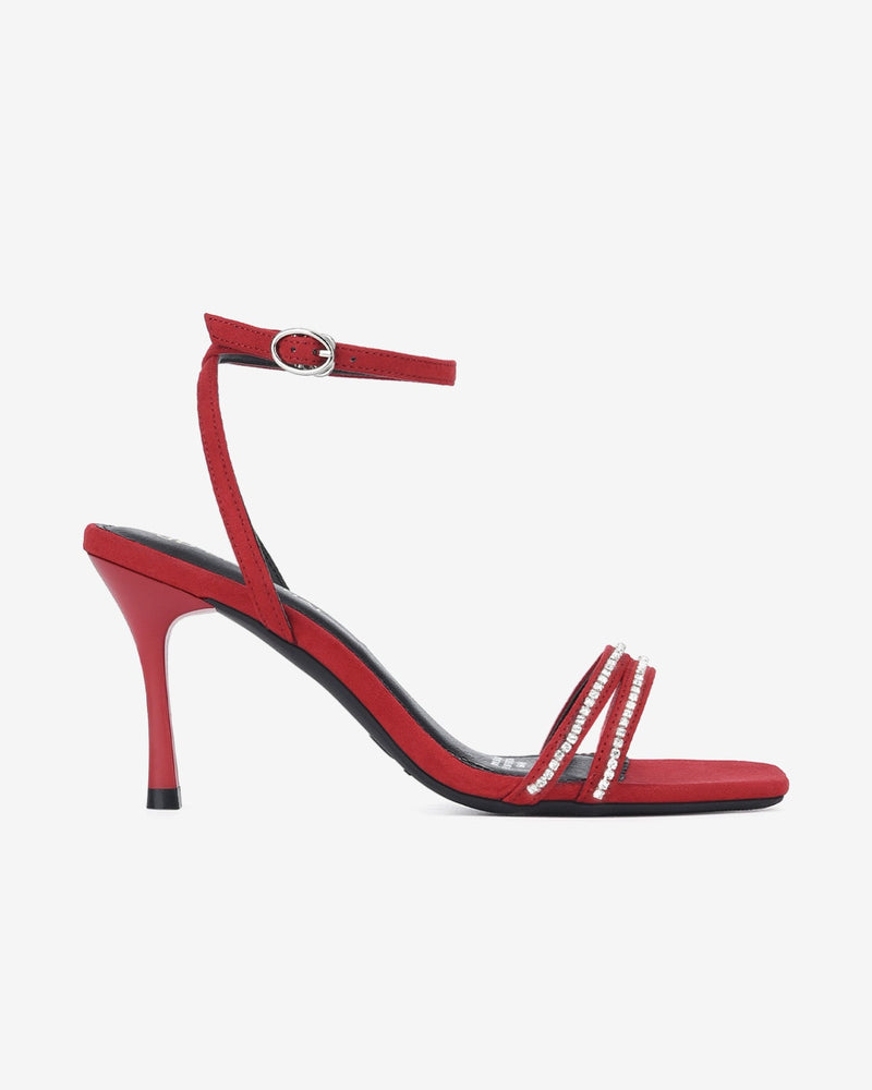 Giày Sandal Cao Gót Đông Hải Quai Đôi Nhung Phối Đá-S81P9-Đỏ Color1First