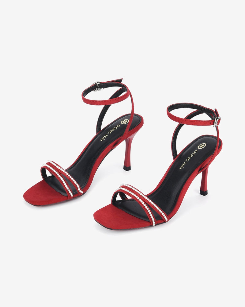 Giày Sandal Cao Gót Đông Hải Quai Đôi Nhung Phối Đá-S81P9-Đỏ Color3