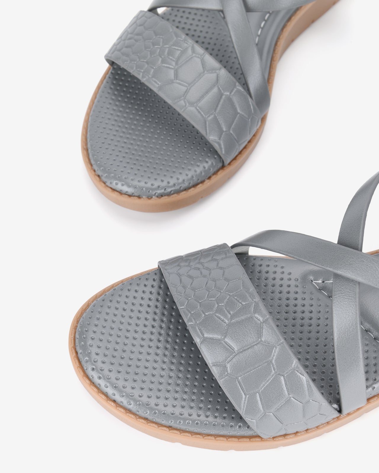 Giày Sandals Nữ Đông Hải Quai Ngang Da Dập Vân-S7428Xám Color1