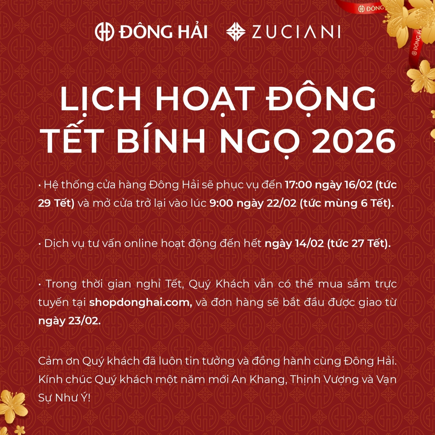 THÔNG BÁO LỊCH HOẠT ĐỘNG TẾT BÍNH NGỌ 2026