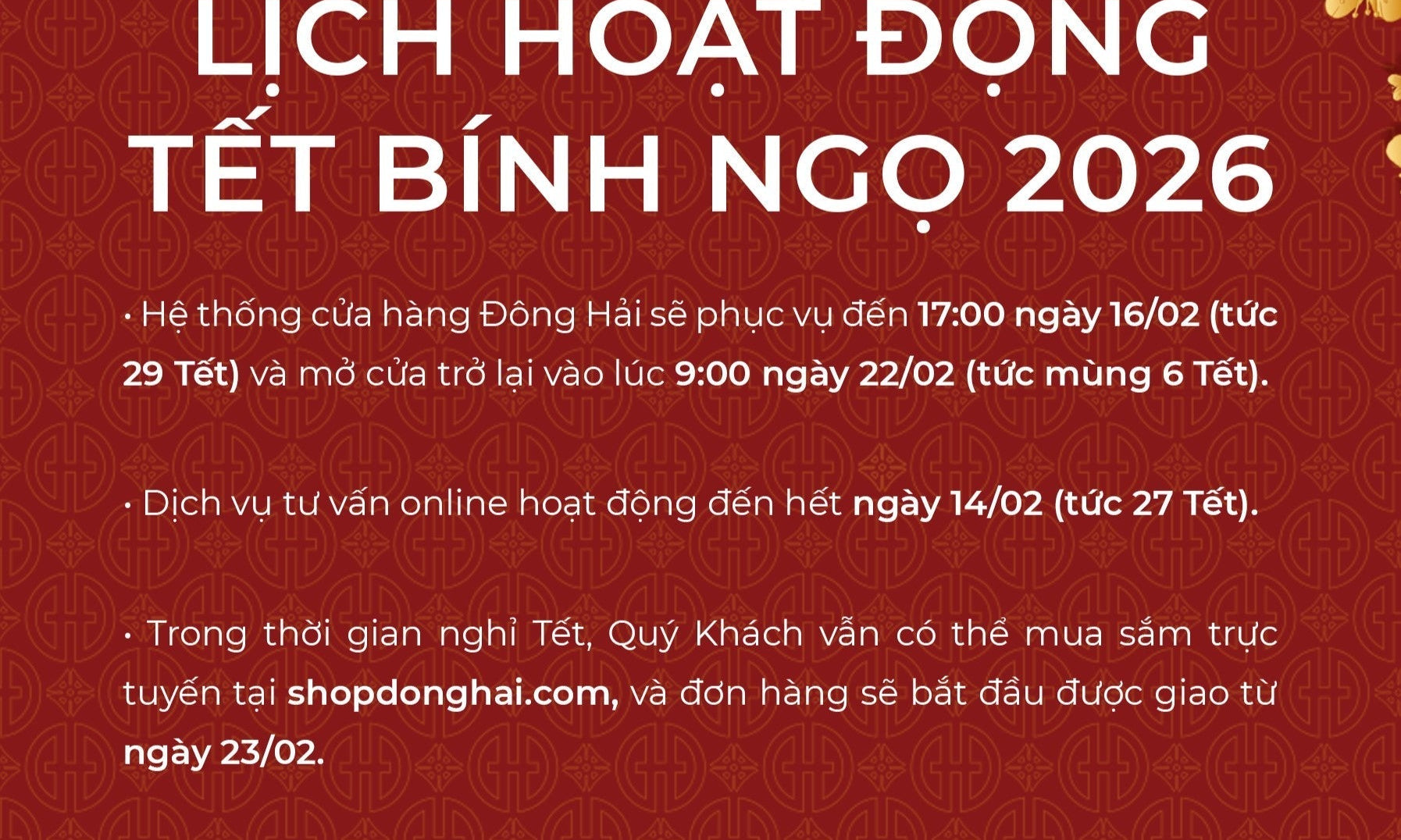 THÔNG BÁO LỊCH HOẠT ĐỘNG TẾT BÍNH NGỌ 2026