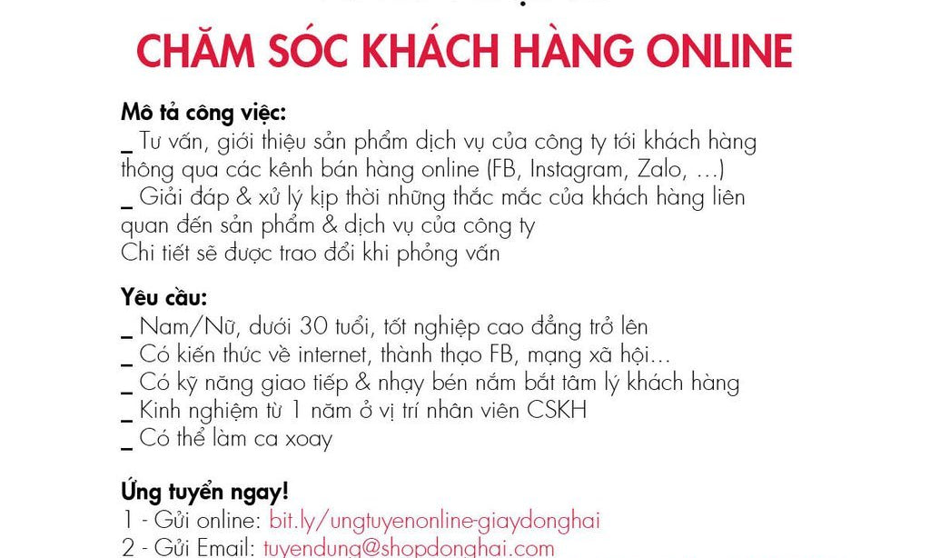 Giày Đông Hải Tuyển Dụng Nhân Viên Chăm Sóc Khách Hàng Online