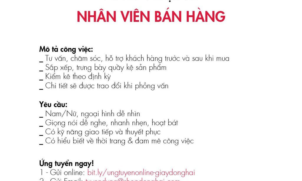 Giày Đông Hải Tuyển Dụng Nhân Viên Bán Hàng
