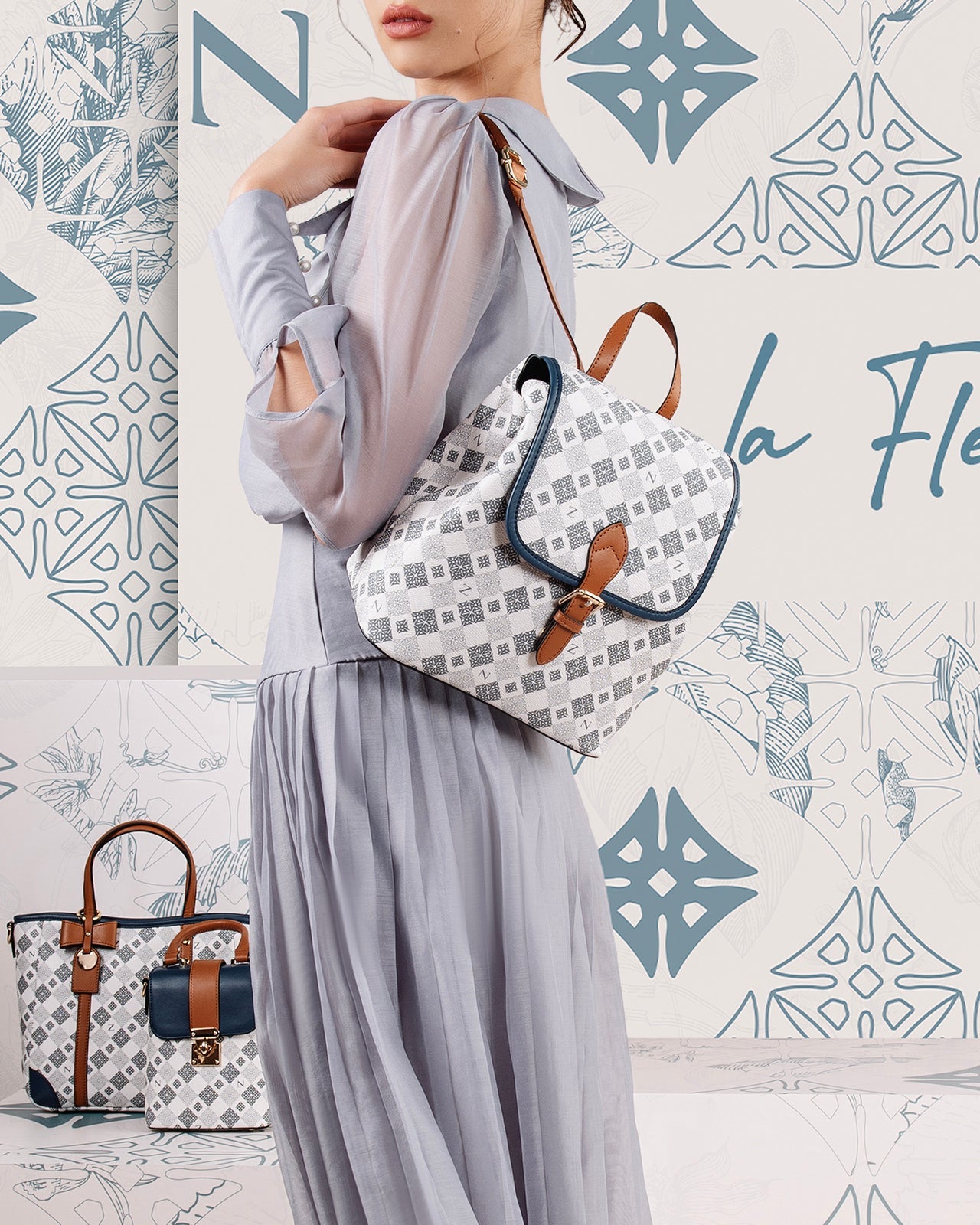 Balo Đeo Vai Phối Da Zuciani Mono La Fleur N07-JYQ3Xanh Color1