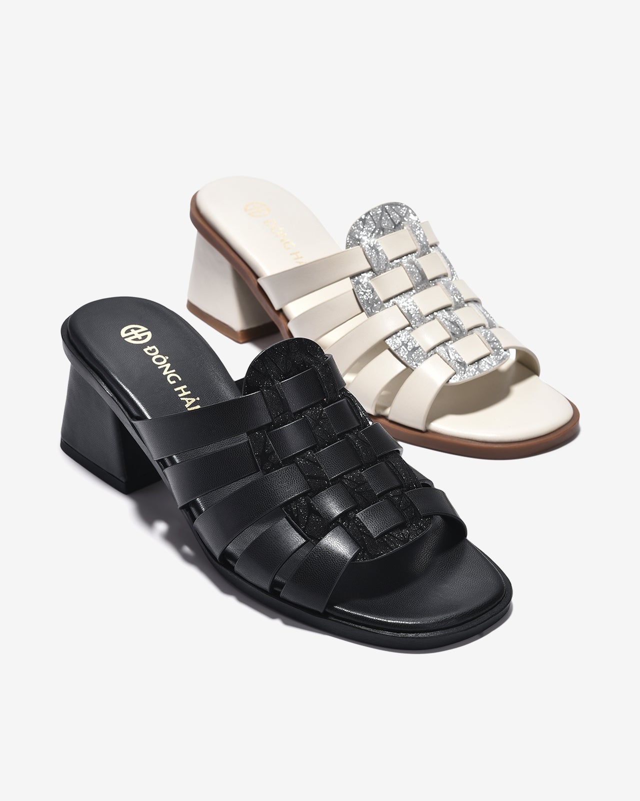 Dép Cao Gót Đông Hải Quai Đan Ngang Phối Ánh Kim-D32H4Đen Color1