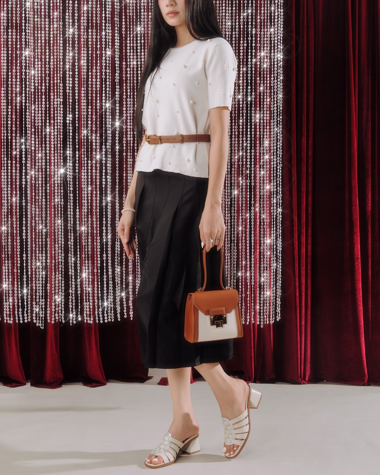 Dép Cao Gót Đông Hải Quai Đan Ngang Phối Ánh Kim-D32H4Kem Color1