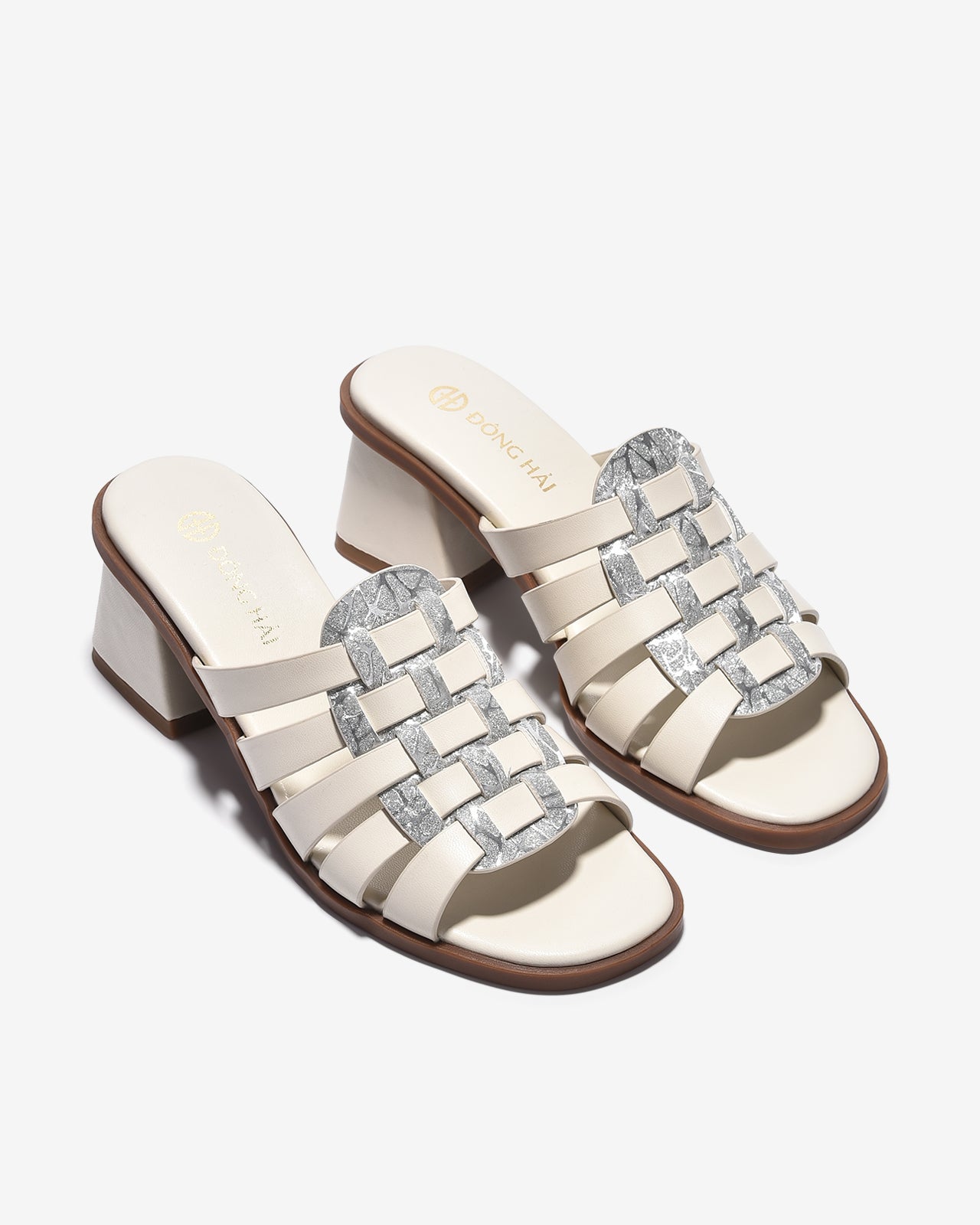 Dép Cao Gót Đông Hải Quai Đan Ngang Phối Ánh Kim-D32H4Kem Color1
