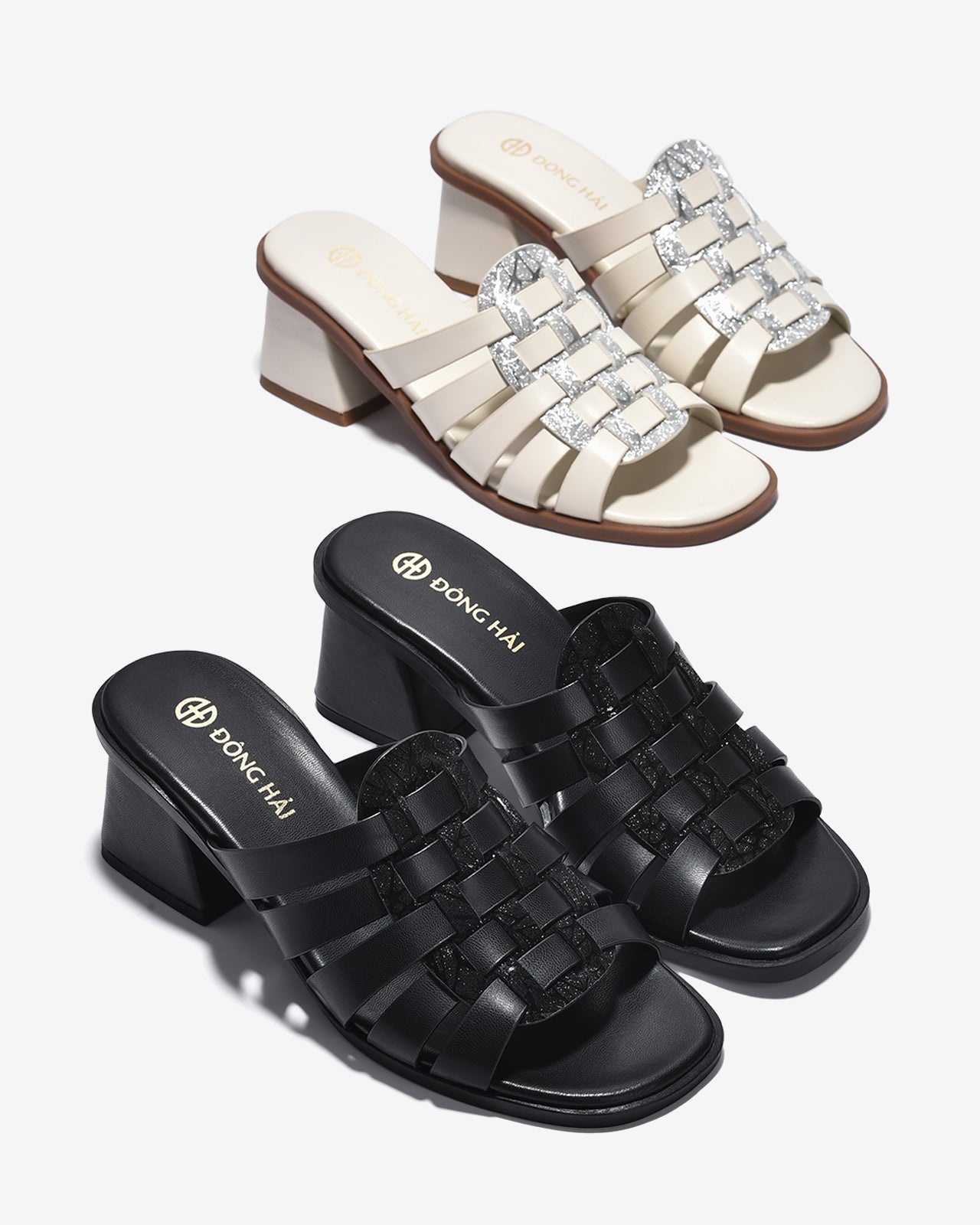 Dép Cao Gót Đông Hải Quai Đan Ngang Phối Ánh Kim-D32H4Kem Color1