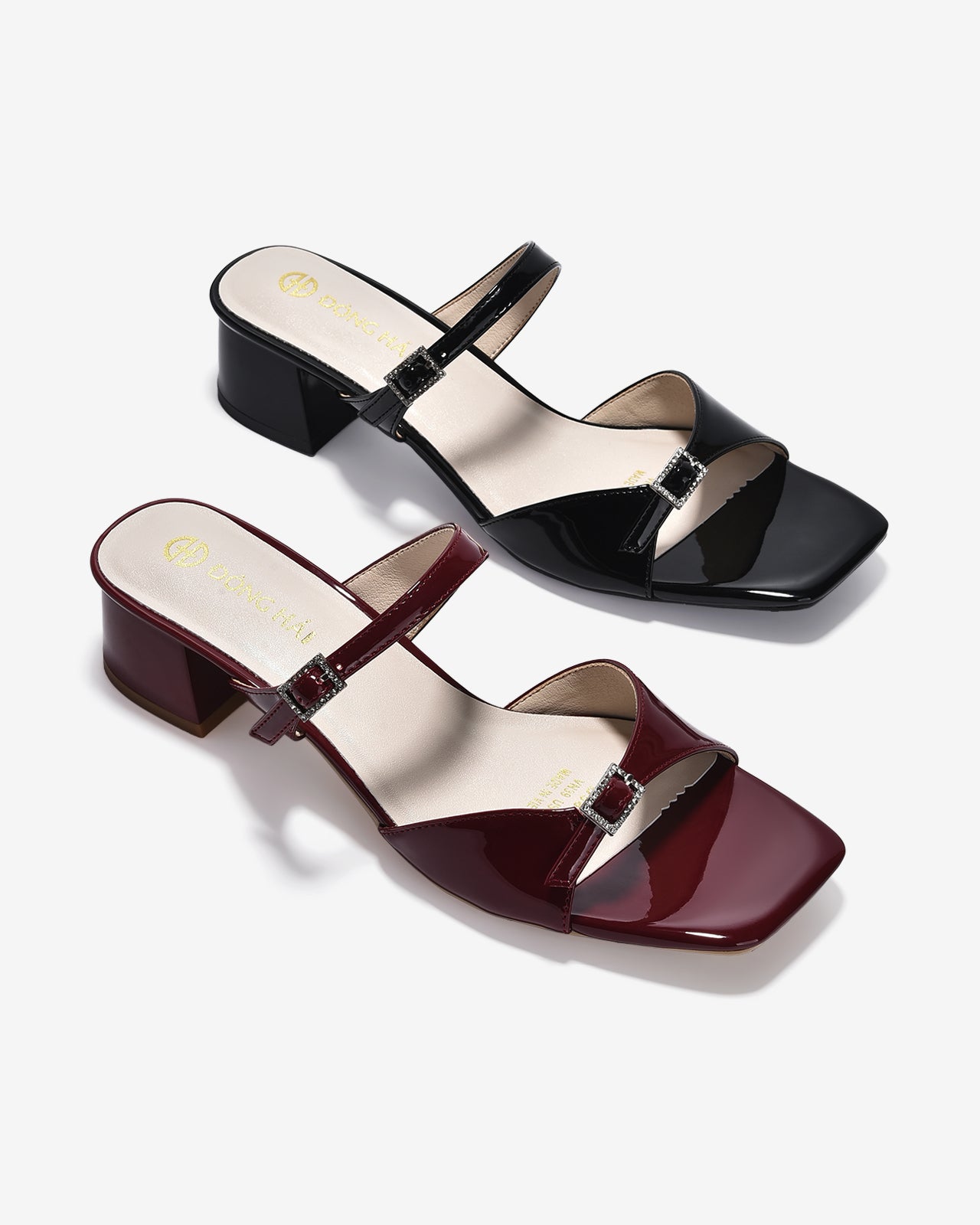 Dép Cao Gót Đông Hải Quai Đôi Khóa Đính Đá-D5842-Đen Bóng Color1