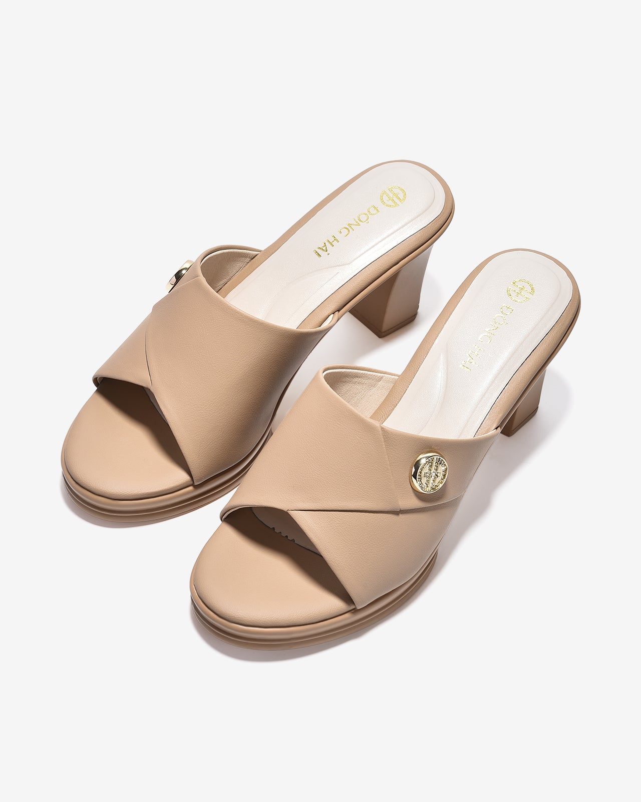 Dép Cao Gót Đông Hải 8cm Quai Bảng To Đính Logo-D5847-Cafe Color1