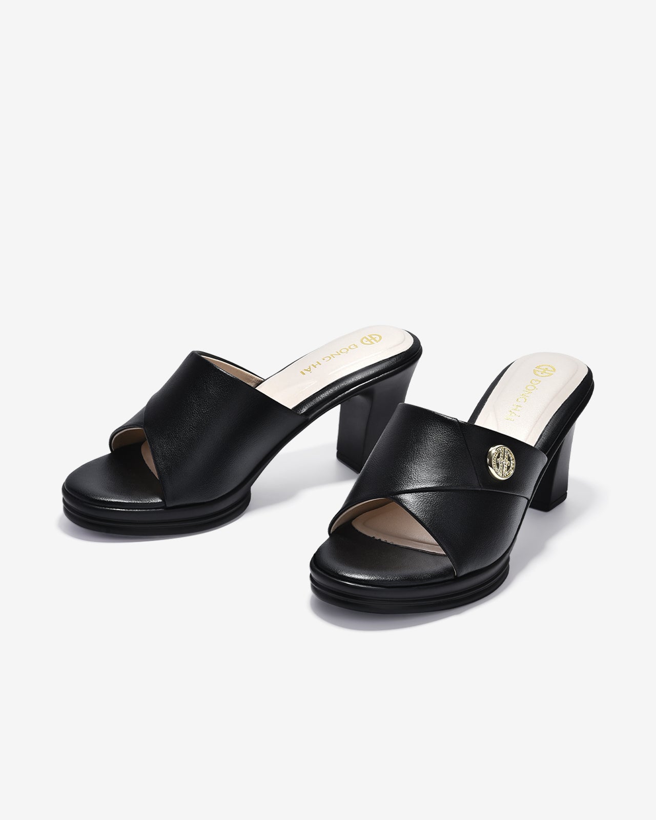 Dép Cao Gót Đông Hải 8cm Quai Bảng To Đính Logo-D5847-Đen Color1