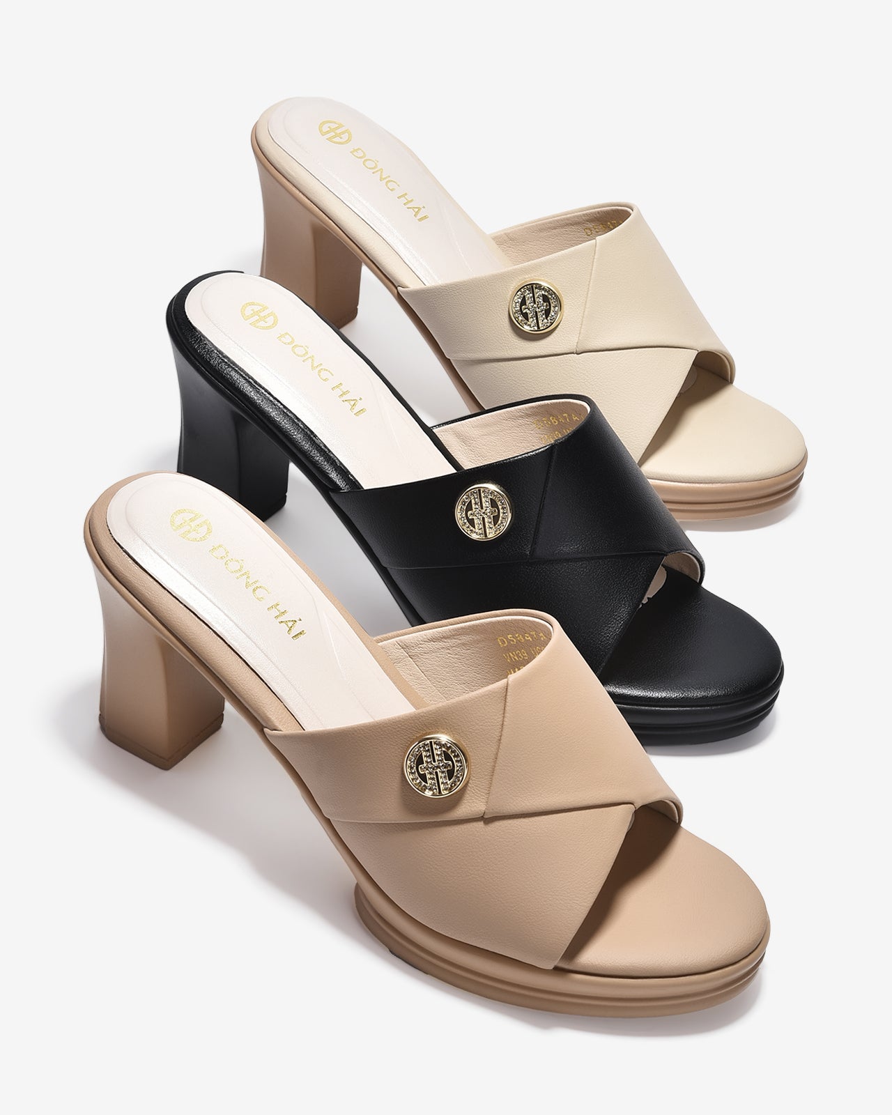 Dép Cao Gót Đông Hải 8cm Quai Bảng To Đính Logo-D5847-Kem Color1