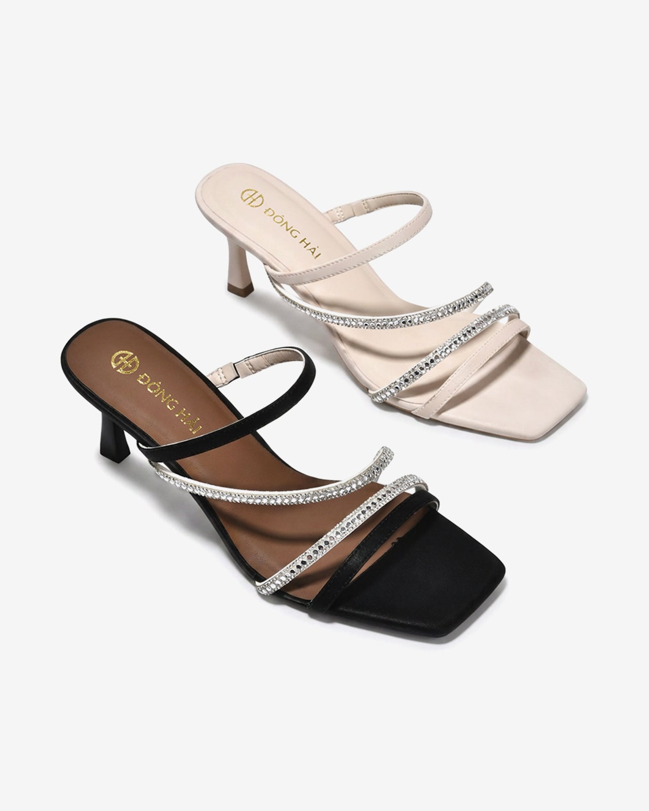 Dép Cao Gót Đông Hải 7cm Quai Mảnh Đính Đá-D5870Kem Color1
