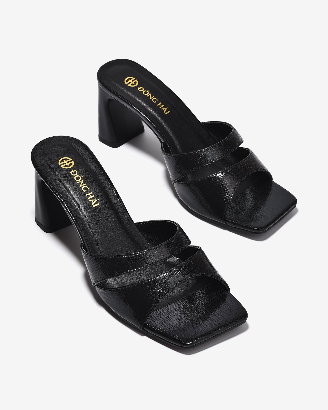 Dép Cao Gót Nữ Đông Hải Quai Ngang Cắt Phối Vân Da-D5914Đen Color1