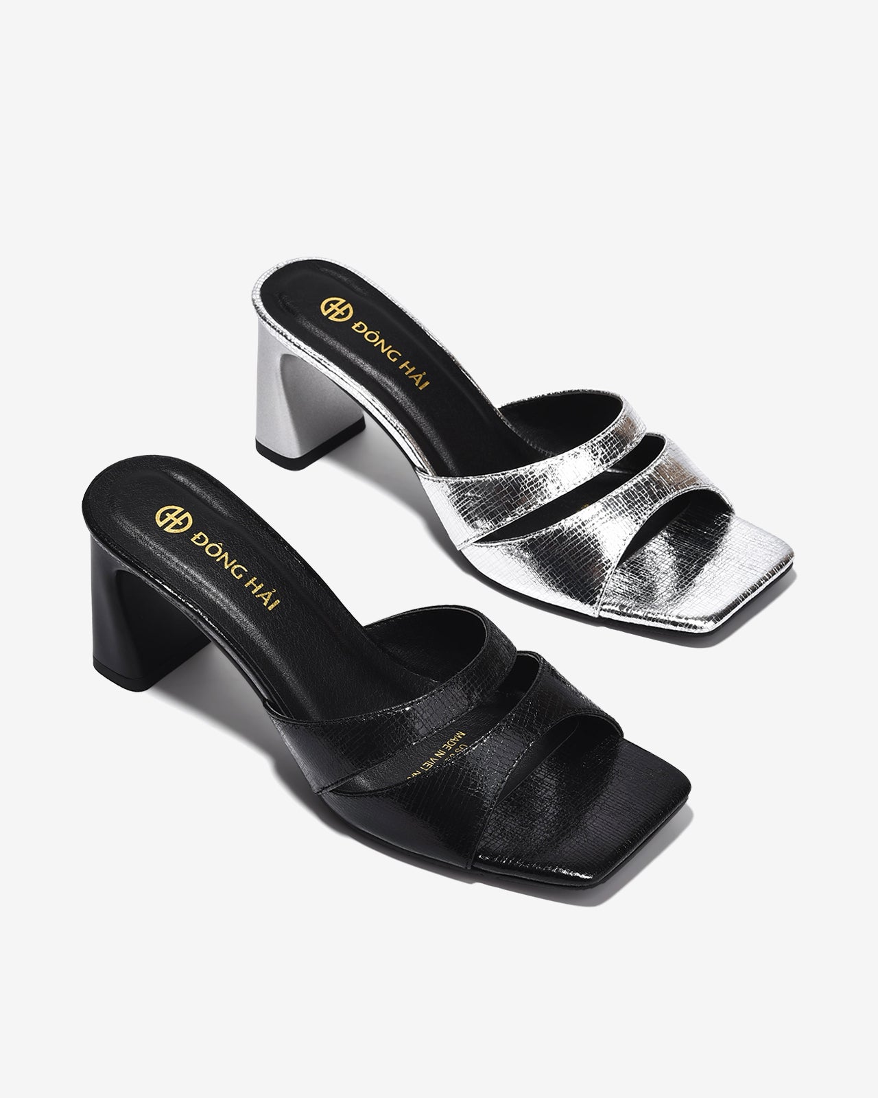 Dép Cao Gót Nữ Đông Hải Quai Ngang Cắt Phối Vân Da-D5914Đen Color1