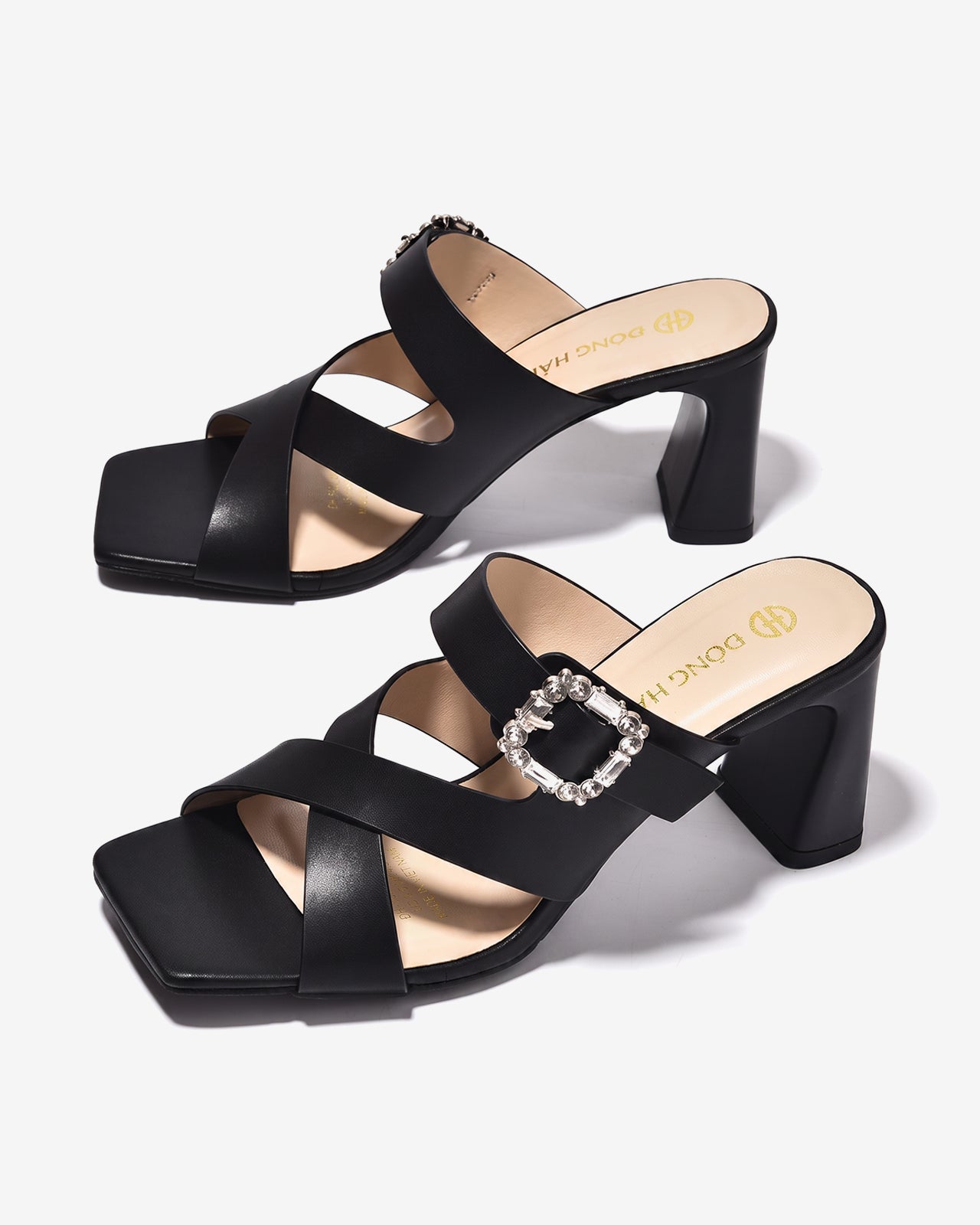 Dép Cao Gót Nữ Đông Hải 8cm Quai Chéo Đính Đá-D5922Đen Color1
