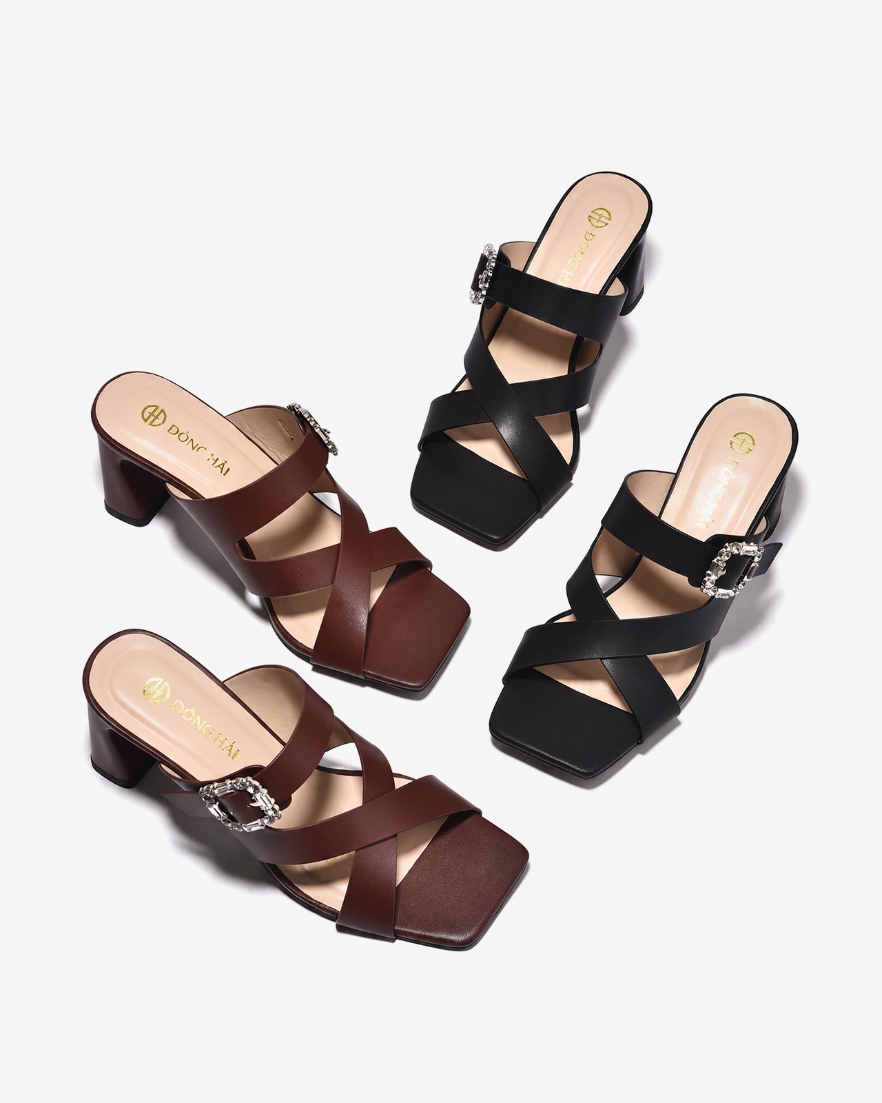 Dép Cao Gót Nữ Đông Hải 8cm Quai Chéo Đính Đá-D5922Nâu Color1