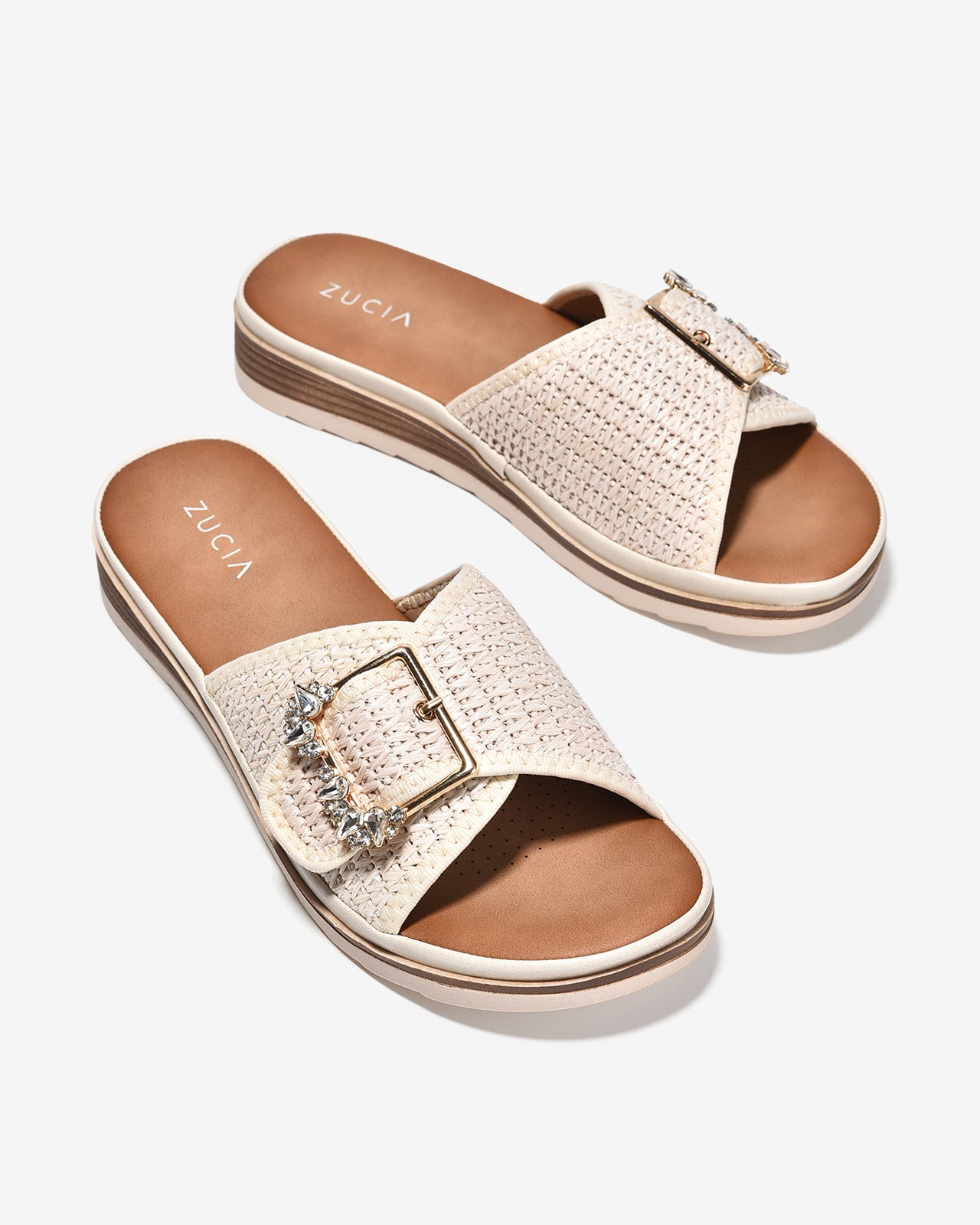 Dép Quai Ngang Nữ Zucia Khoá Đính Đá-DHLK3-Kem Color1