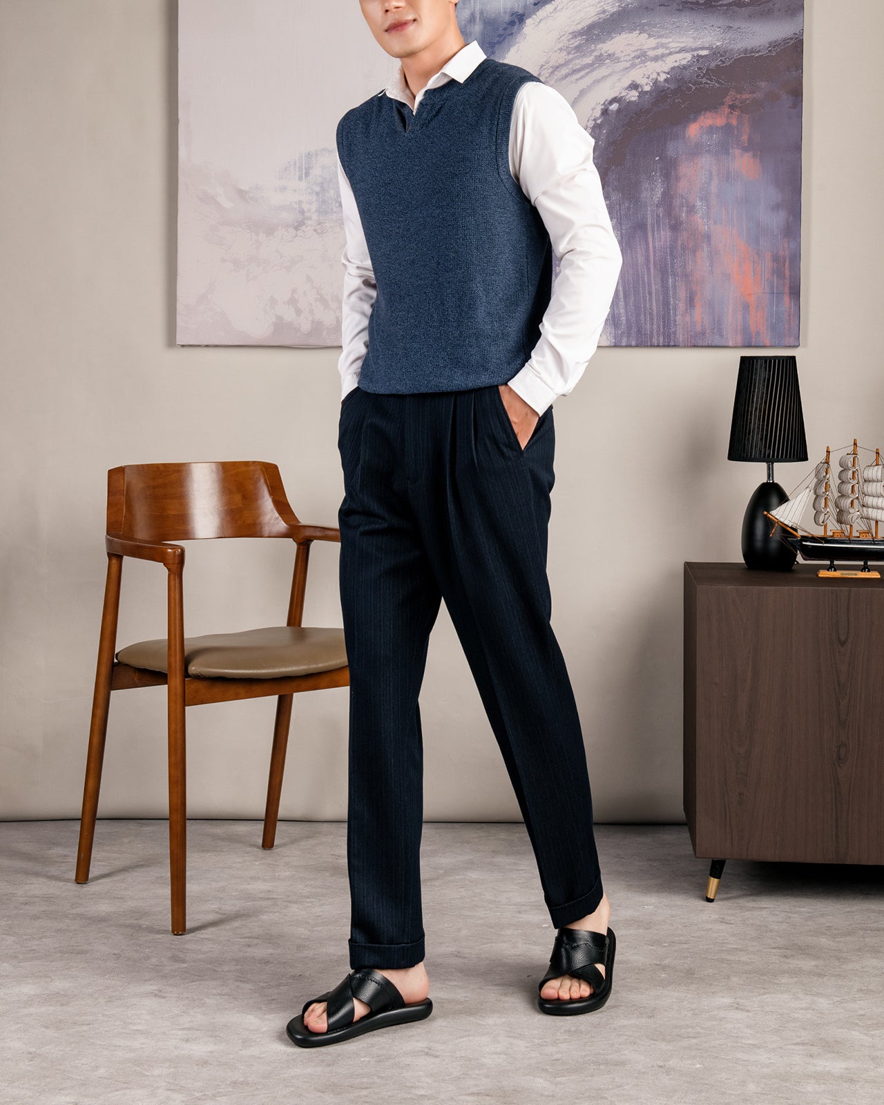 Dép Nam Zuciani Quai Chéo Viền Nổi-DRW13-Đen Color1