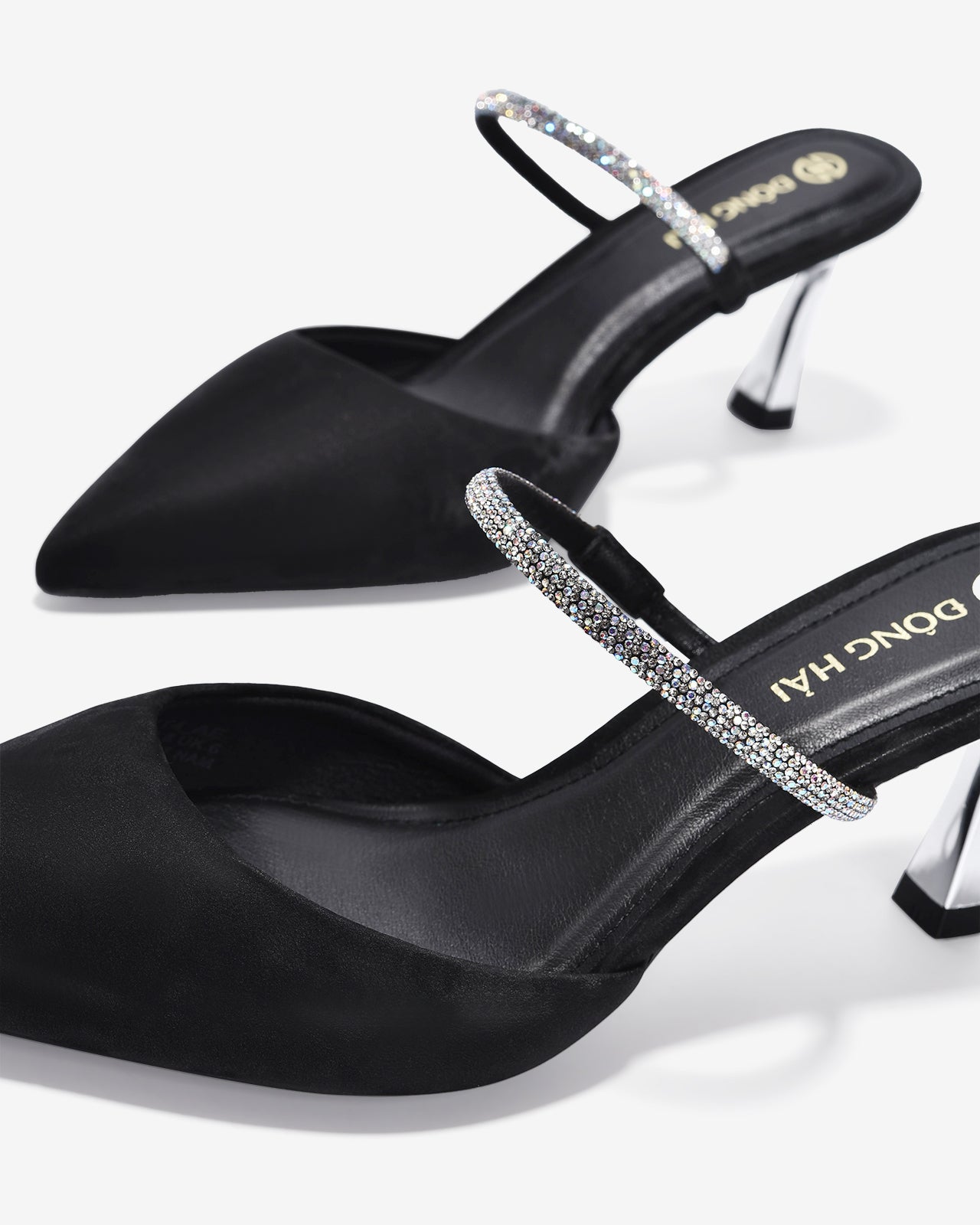 Dép Mules Cao Gót Nữ Đông Hải Quai Phối Đá Lấp Lánh-G81T4Đen Color1