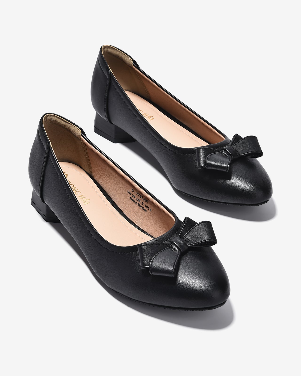 Giày Búp Bê Đông Hải Gót Giả Gỗ Đính Nơ Đôi-G7731-Đen Color1