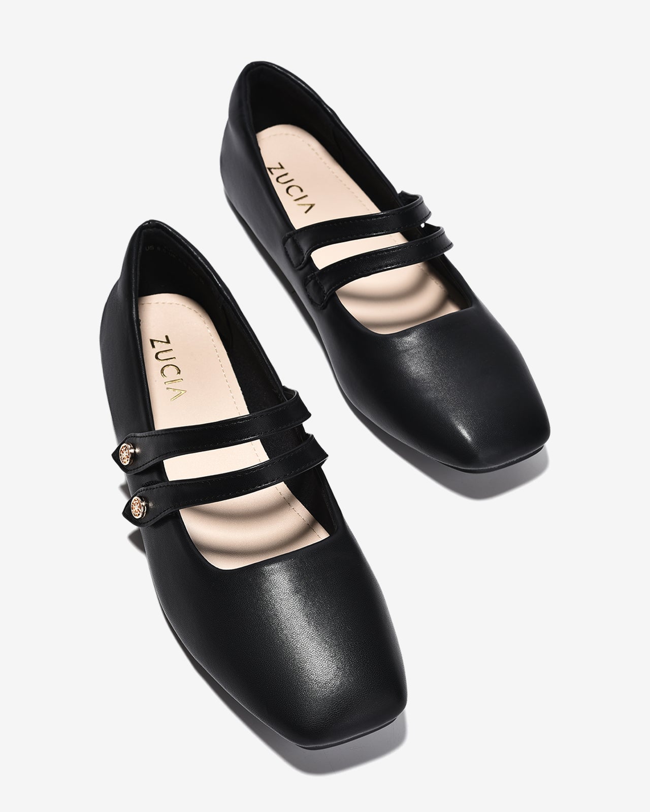 Giày Búp Bê Nữ Zucia Mũi Vuông Quai Đôi Đính Logo-GRXC4-Đen Color1