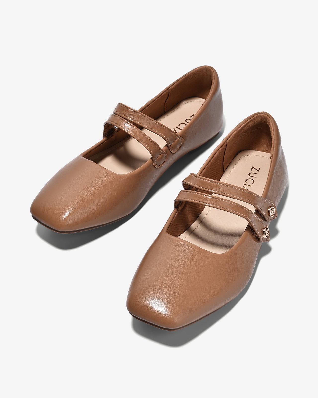 Giày Búp Bê Nữ Zucia Mũi Vuông Quai Đôi Đính Logo-GRXC4-Nâu Color1