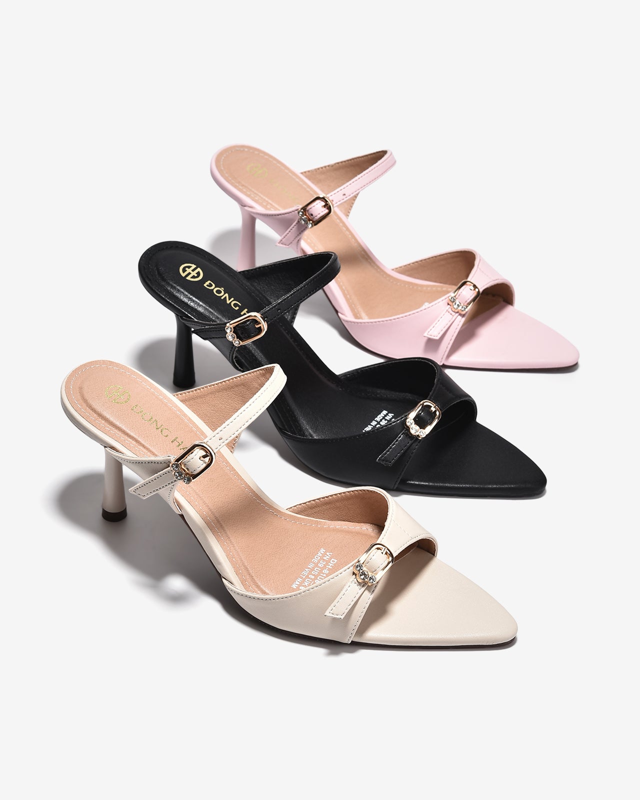 Dép Cao Gót Đông Hải Quai Đôi Ngang Khoá Đính Đá-D81U8-Kem Color1