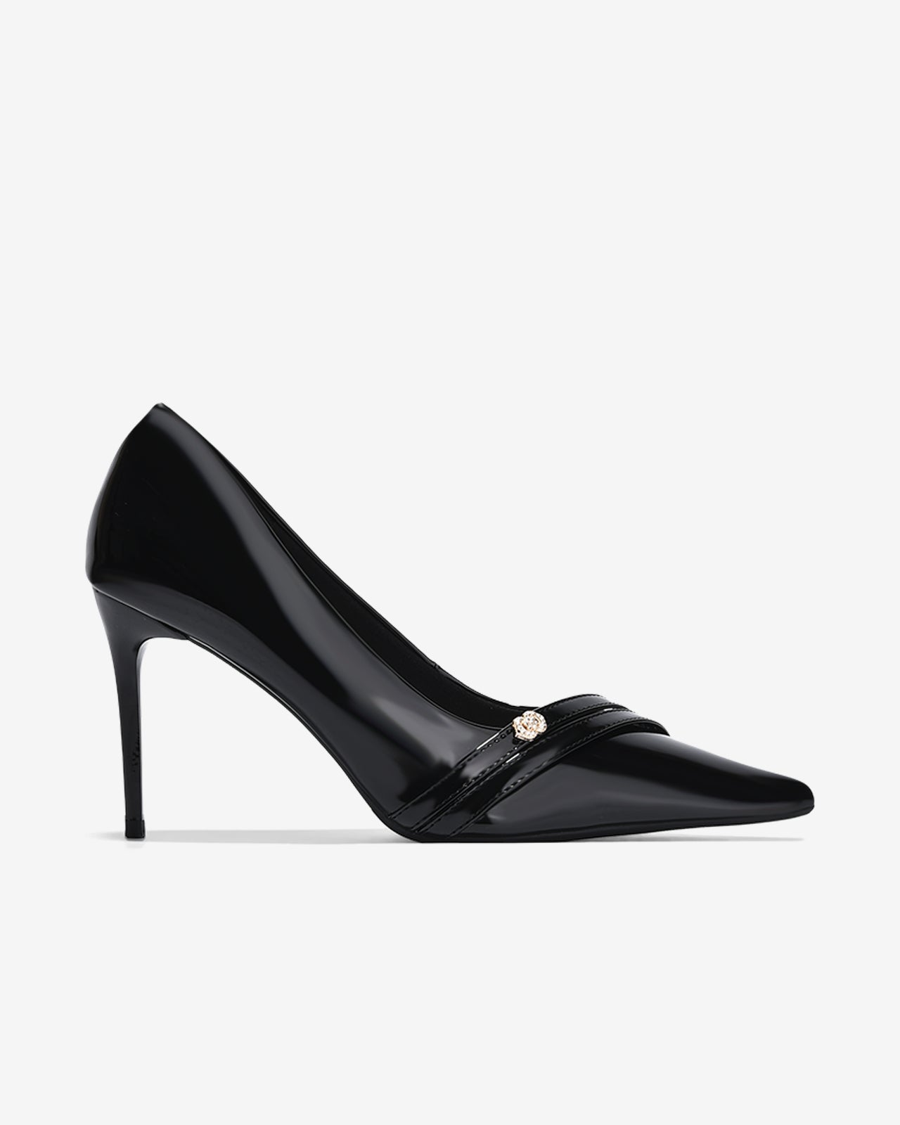 Giày Cao Gót Đông Hải Gót 9CM Họa Tiết Đính Đá-G5852-Đen Bóng Color1First