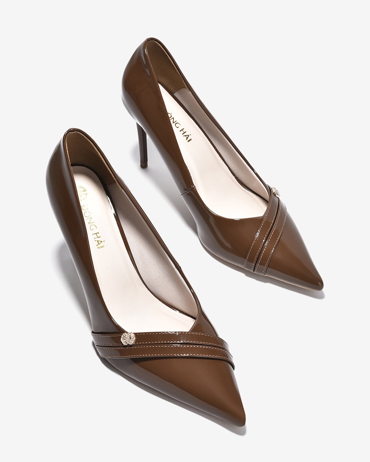 Giày Cao Gót Đông Hải Gót 9CM Họa Tiết Đính Đá-G5852-Nâu Color1