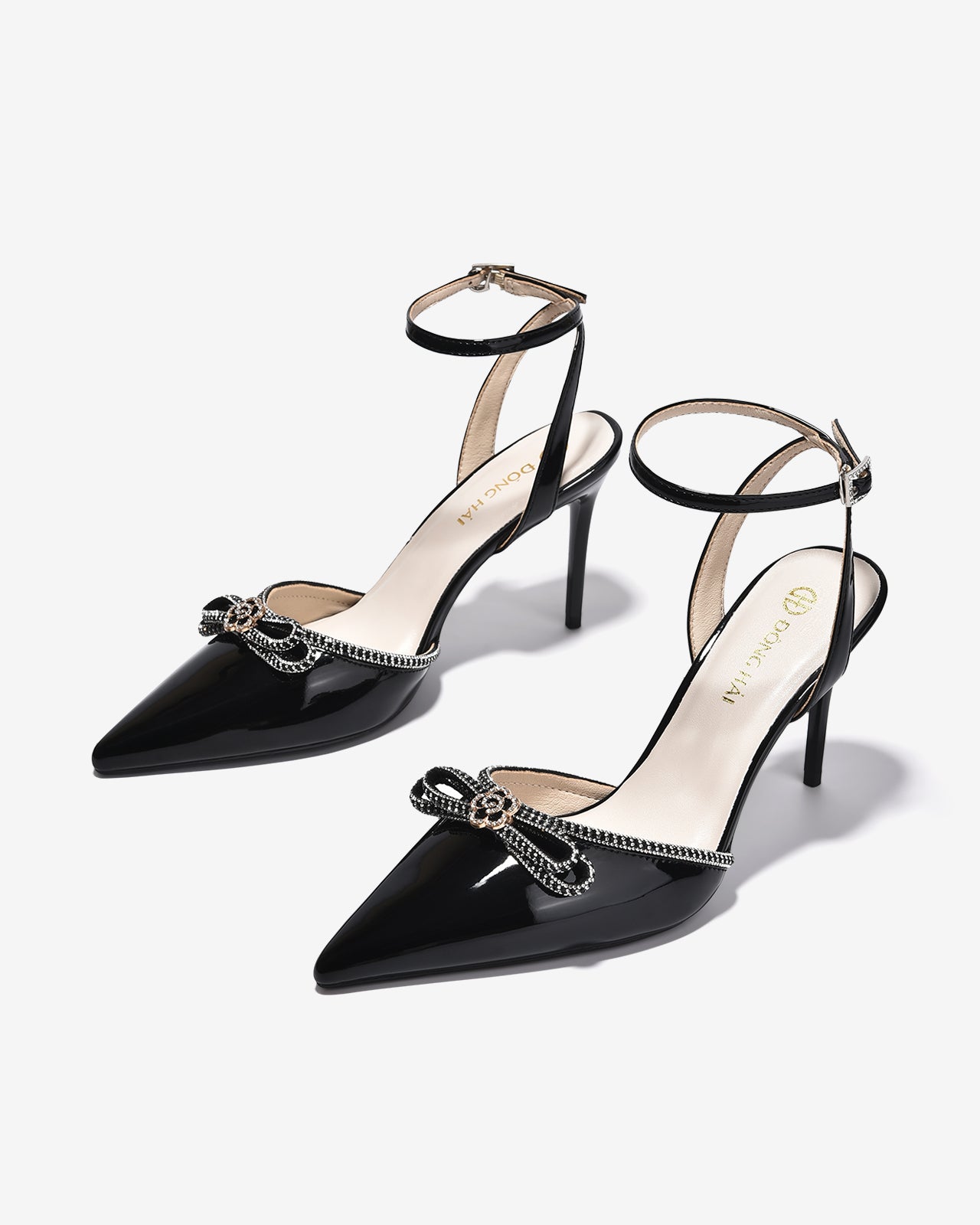 Giày Cao Gót Đông Hải Quai Ankle Strap Nơ Đính Đá-G5859Đen Bóng Color1
