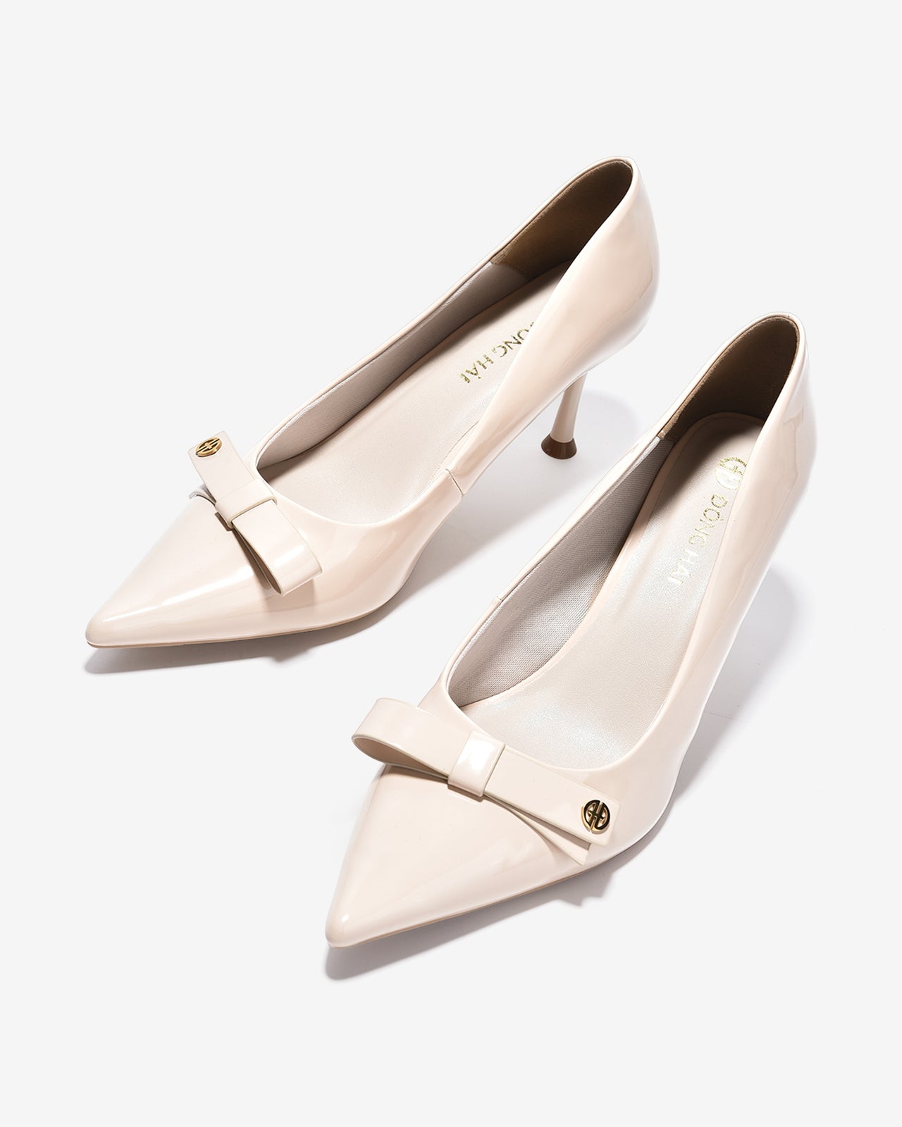 Giày Cao Gót Đông Hải Da Bóng Phối Nơ Đính Logo-G5860Kem Bóng Color1