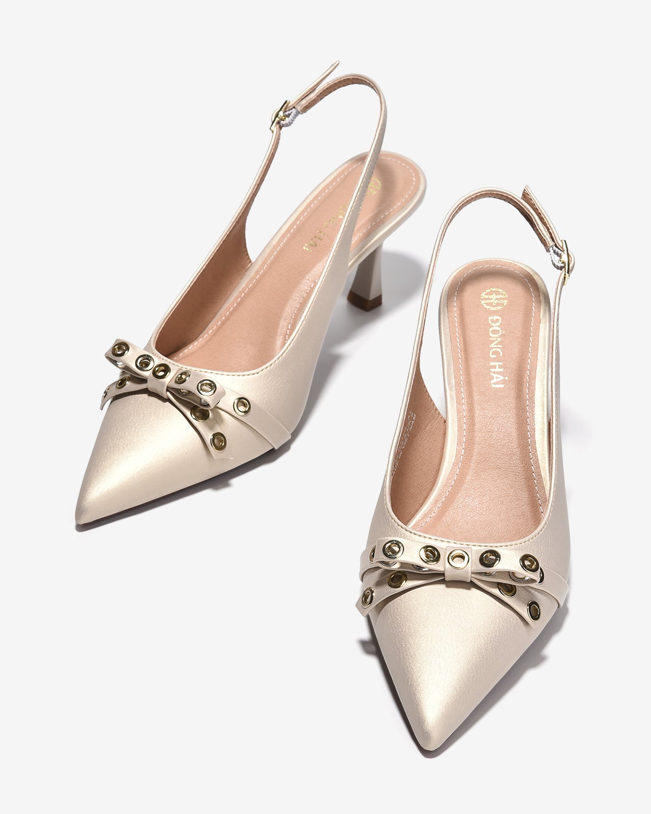 Giày Cao Gót Slingback Đông Hải Đính Nơ Khoen Kim Loại-G81U5Kem Color1