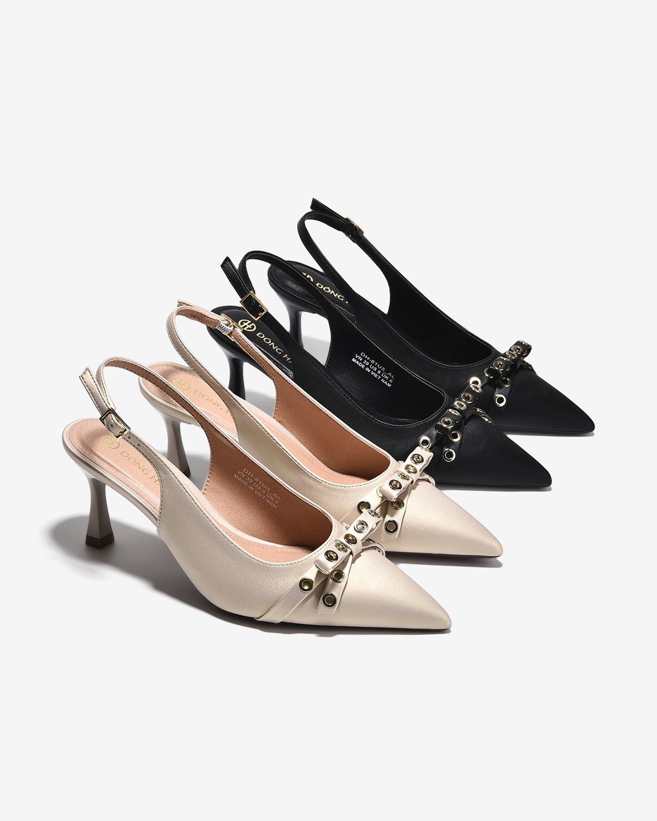 Giày Cao Gót Slingback Đông Hải Đính Nơ Khoen Kim Loại-G81U5-Kem Color1