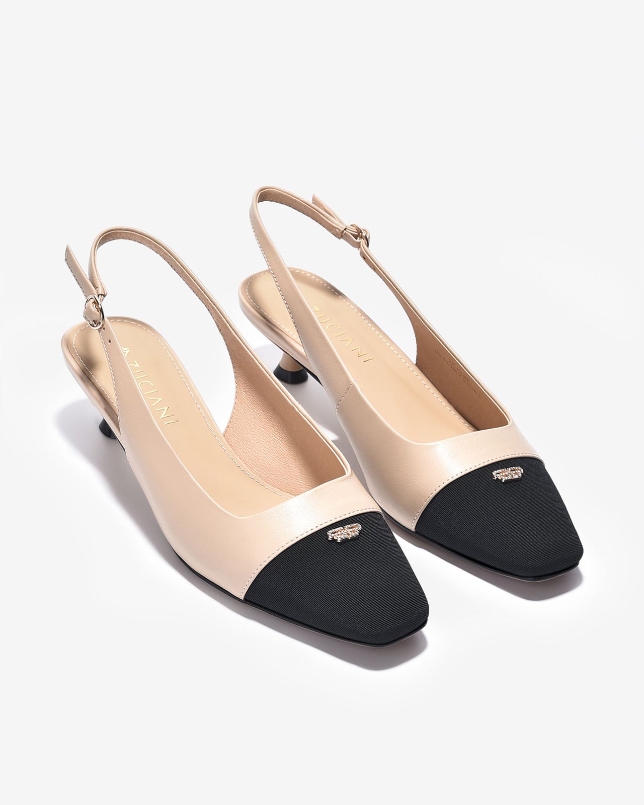 Giày Slingback Cao Gót Zuciani Phối Màu Đính Đá-GCL03-Kem Color1