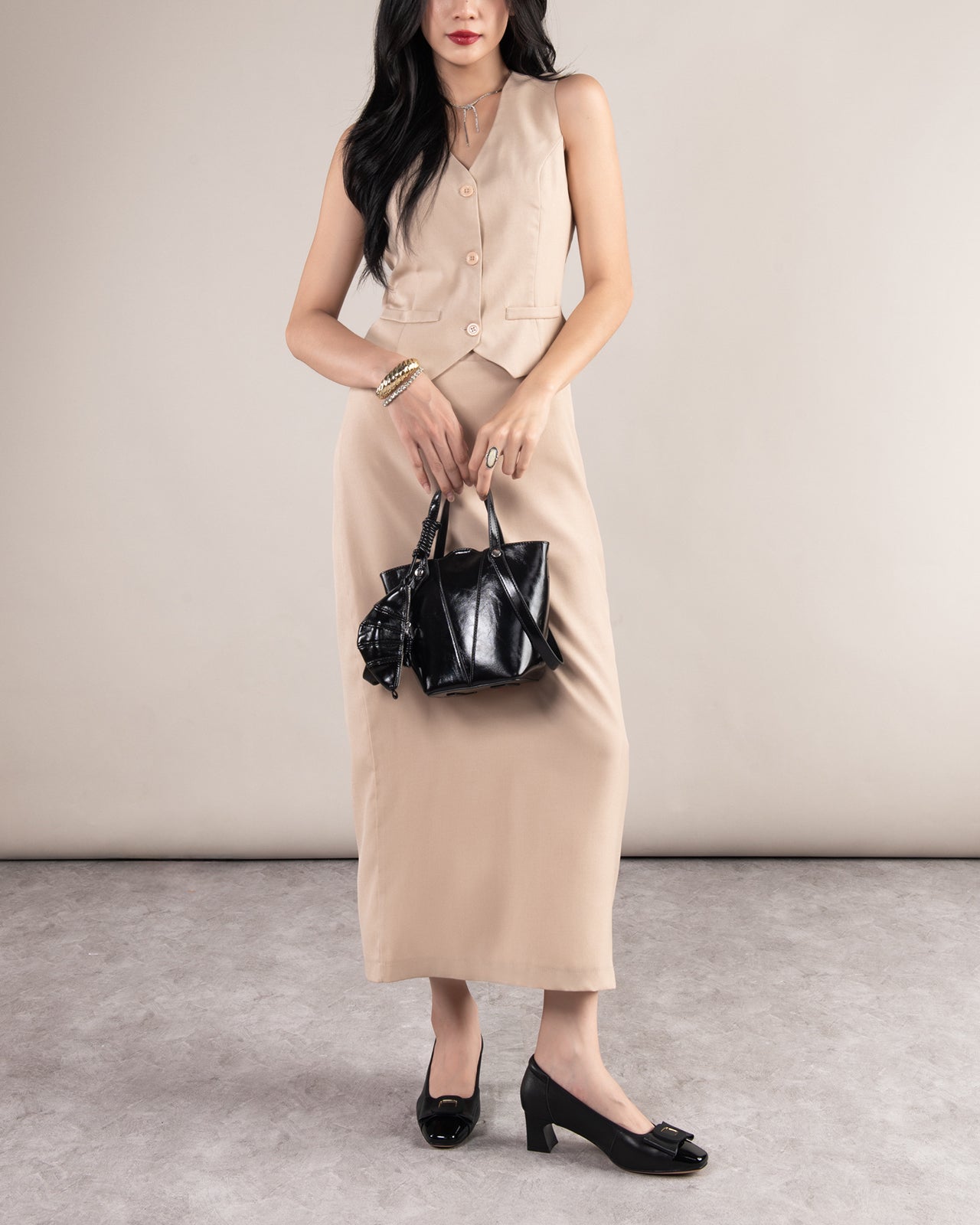 Giày Cao Gót Zuciani Mũi Phối Da Bóng Đính Khoá Nơ-GCM04Đen Color1