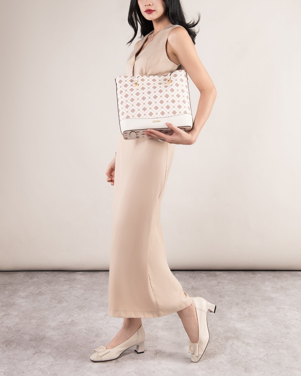 Giày Cao Gót Zuciani Mũi Phối Da Bóng Đính Khoá Nơ-GCM04-Trắng Color1