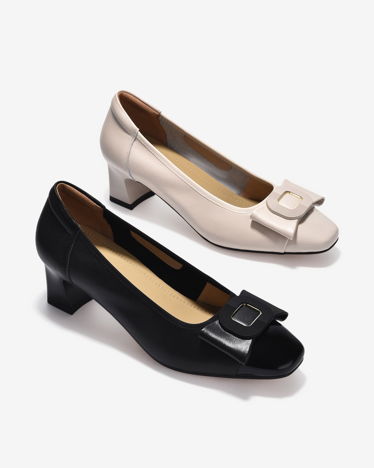 Giày Cao Gót Zuciani Mũi Phối Da Bóng Đính Khoá Nơ-GCM04-Trắng Color1