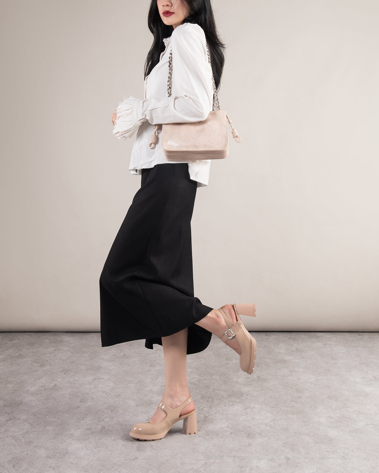 Giày Slingback Cao Gót Zuciani Mary Jane Da Bóng-GCM24-Kem Bóng Color1