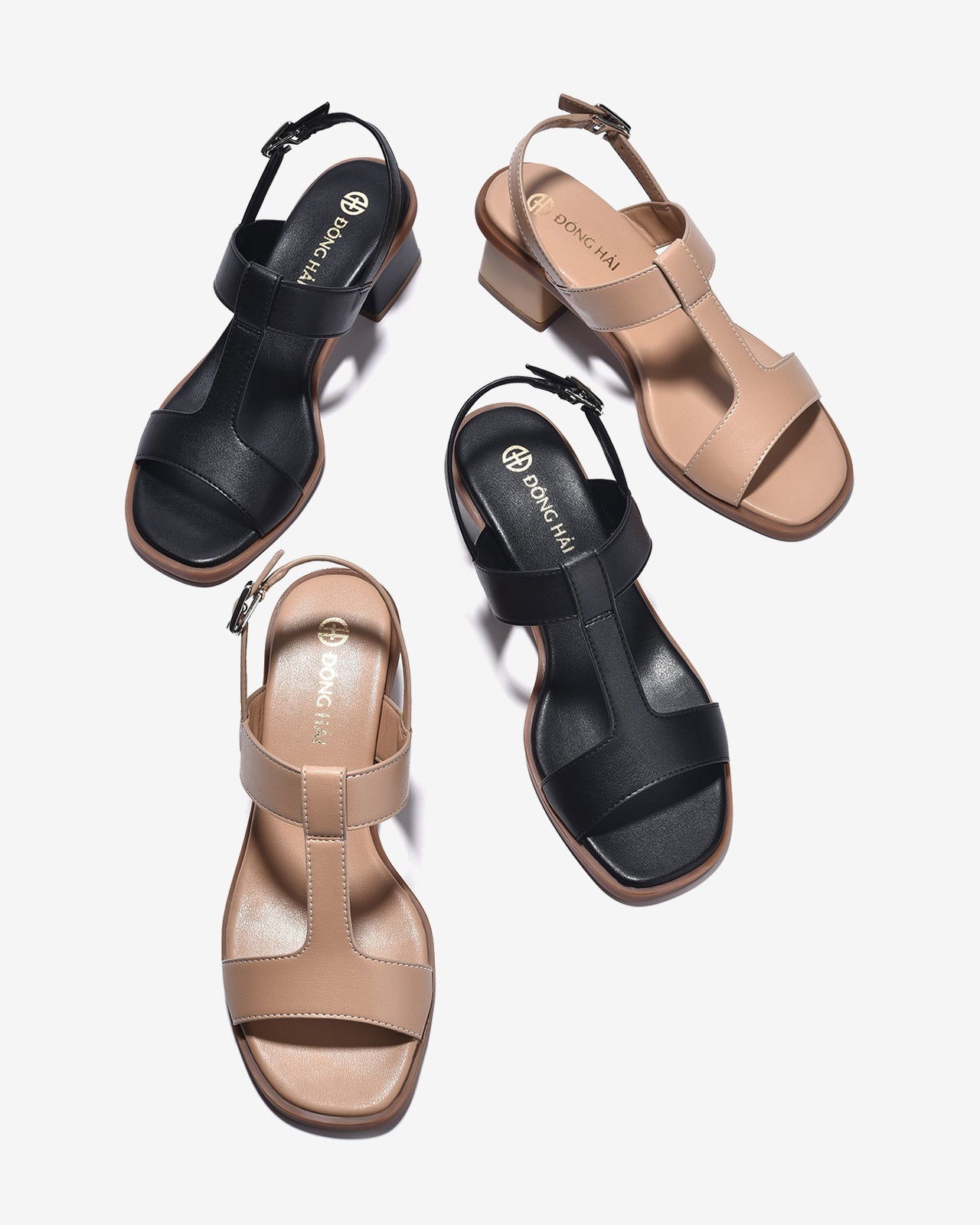 Giày Sandal Cao Gót Đông Hải Quai T-Strap Trơn-S32E7Kem Color1