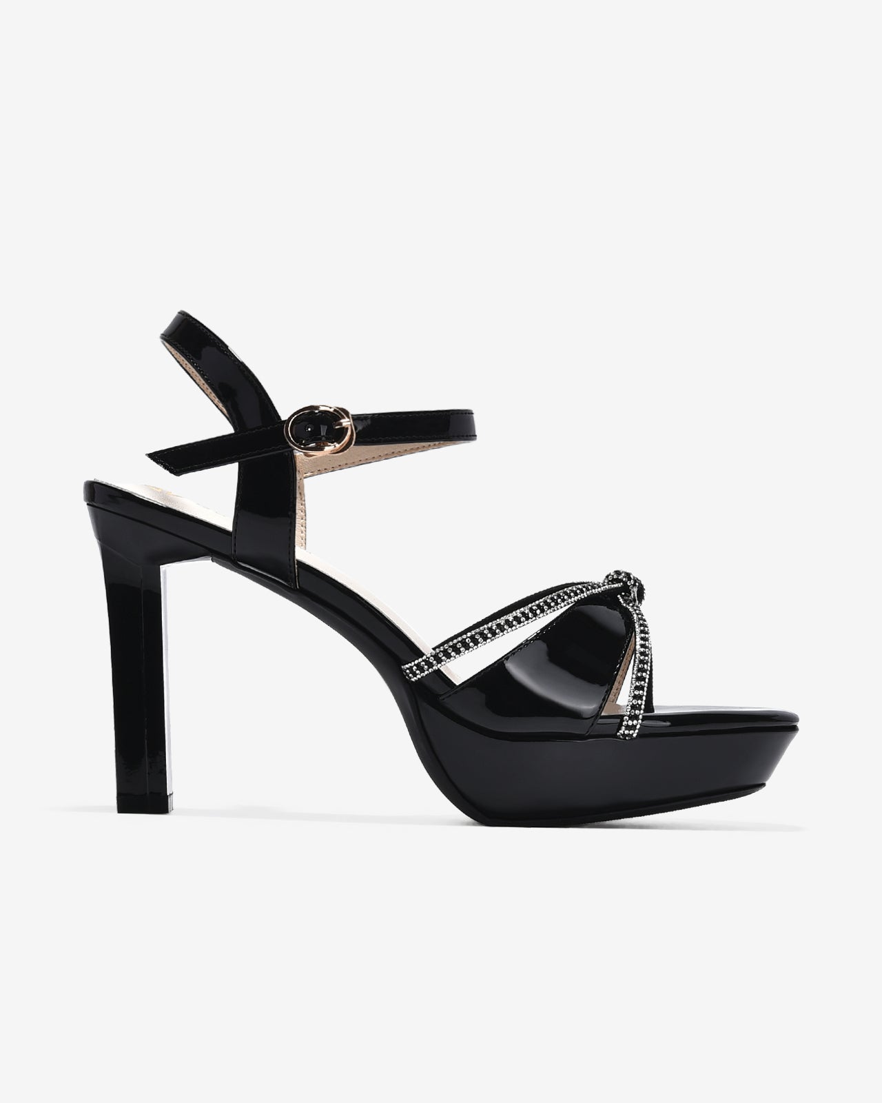 Giày Sandal Cao Gót Đông Hải Quai Đính Đá-S5843-Đen Bóng Color1First
