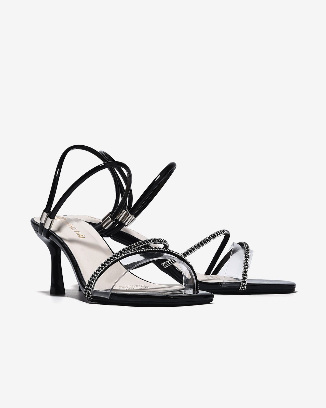 Sandal Cao Gót Đông Hải 7cm Quai Đôi Phối Đá-S5872Đen Bóng Color1