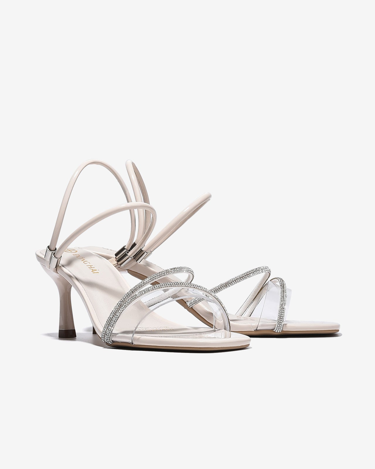 Sandal Cao Gót Đông Hải 7cm Quai Đôi Phối Đá-S5872Kem Bóng Color1