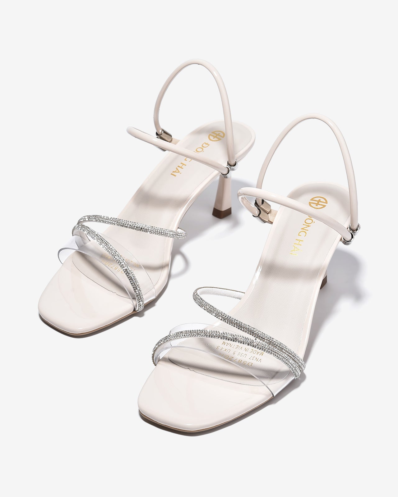 Sandal Cao Gót Đông Hải 7cm Quai Đôi Phối Đá-S5872Kem Bóng Color1