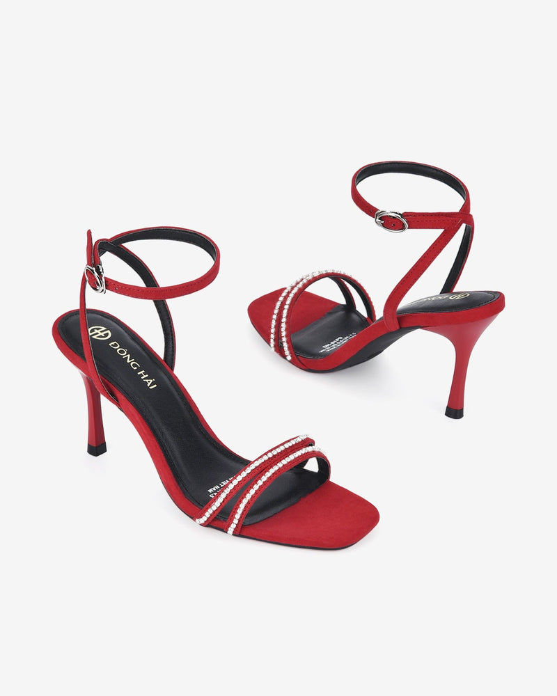 Giày Sandal Cao Gót Đông Hải Quai Đôi Nhung Phối Đá-S81P9-Đỏ Color2