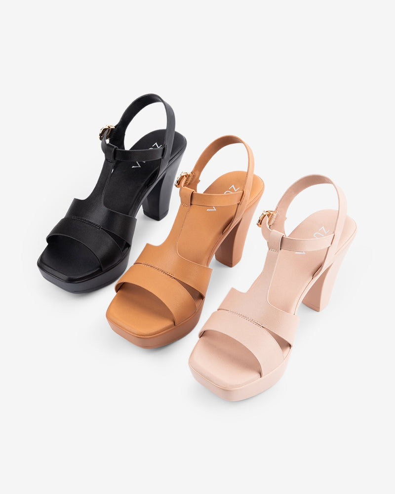 Giày Sandal Cao Gót Zucia Quai Đôi T-Strap-SRX73-Bò Color3