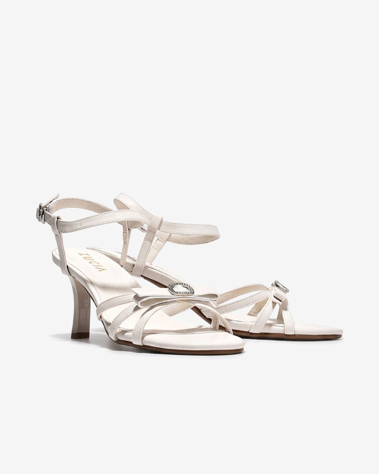 Sandal Cao Gót Zucia Quai Mảnh Đính Nơ Phối Đá-STHC1Kem Color1