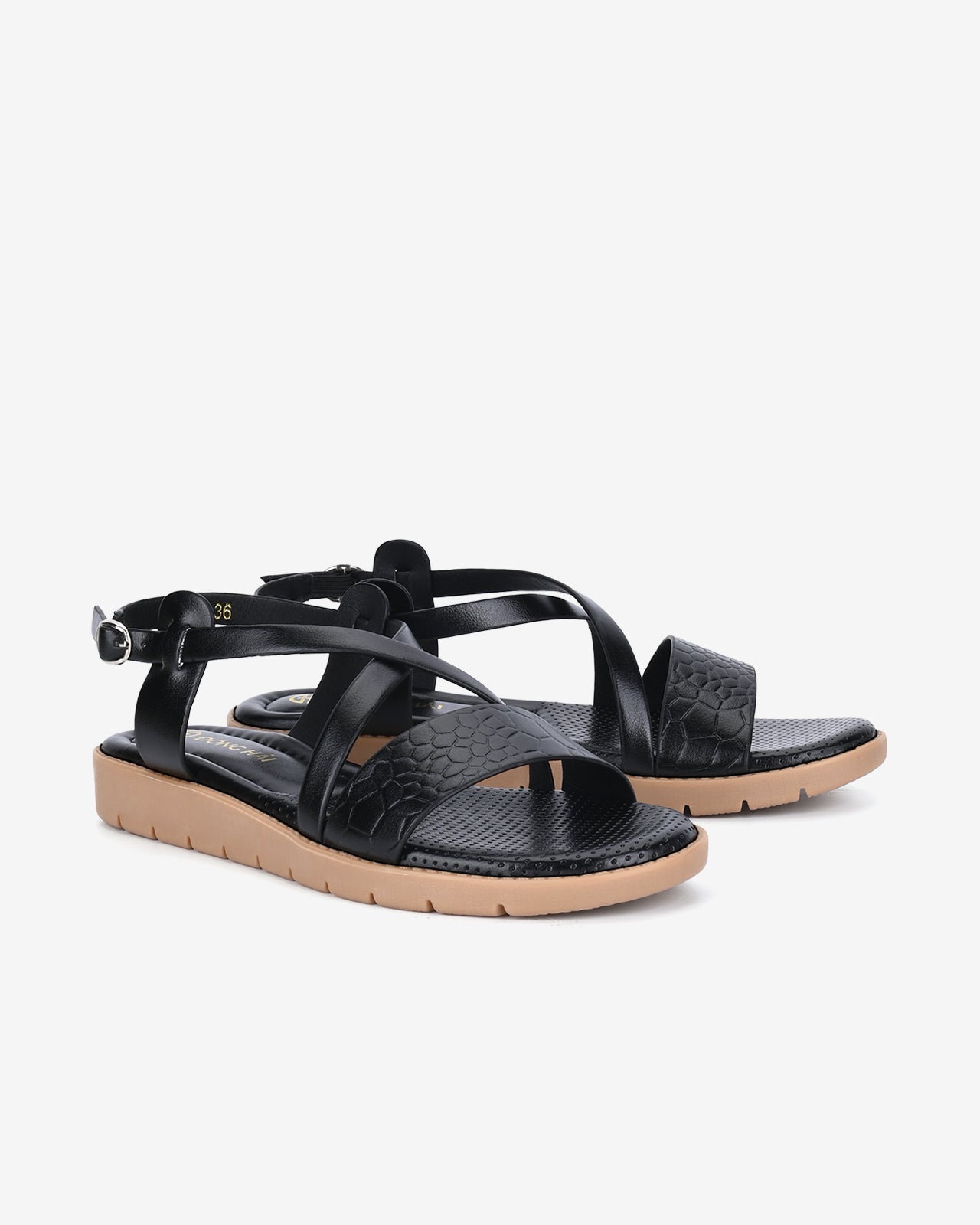 Giày Sandals Nữ Đông Hải Quai Ngang Da Dập Vân-S7428Đen Color1